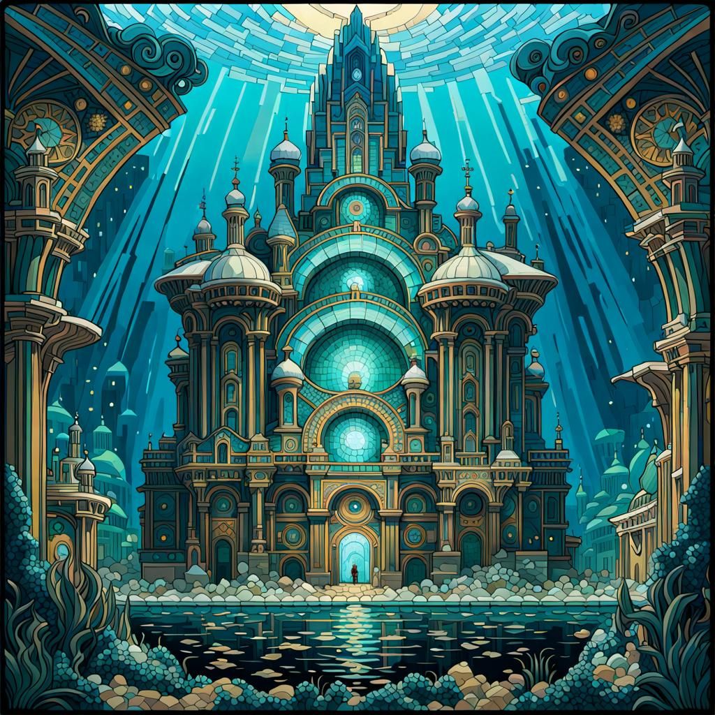 Underwater City of Atlantis Mosaic in Art Nouveau Style