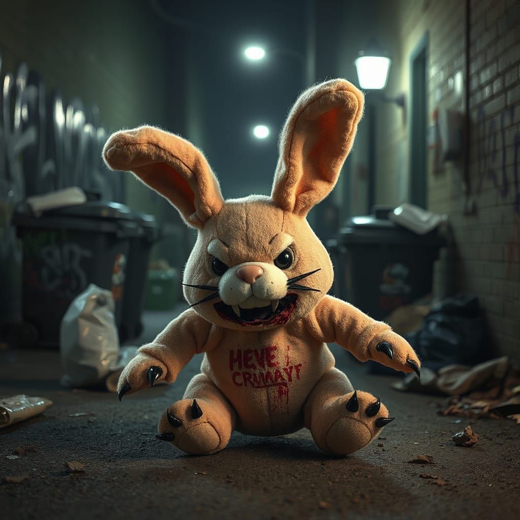 Menacing Plush Bunny in Dark Alleyway 3D Render