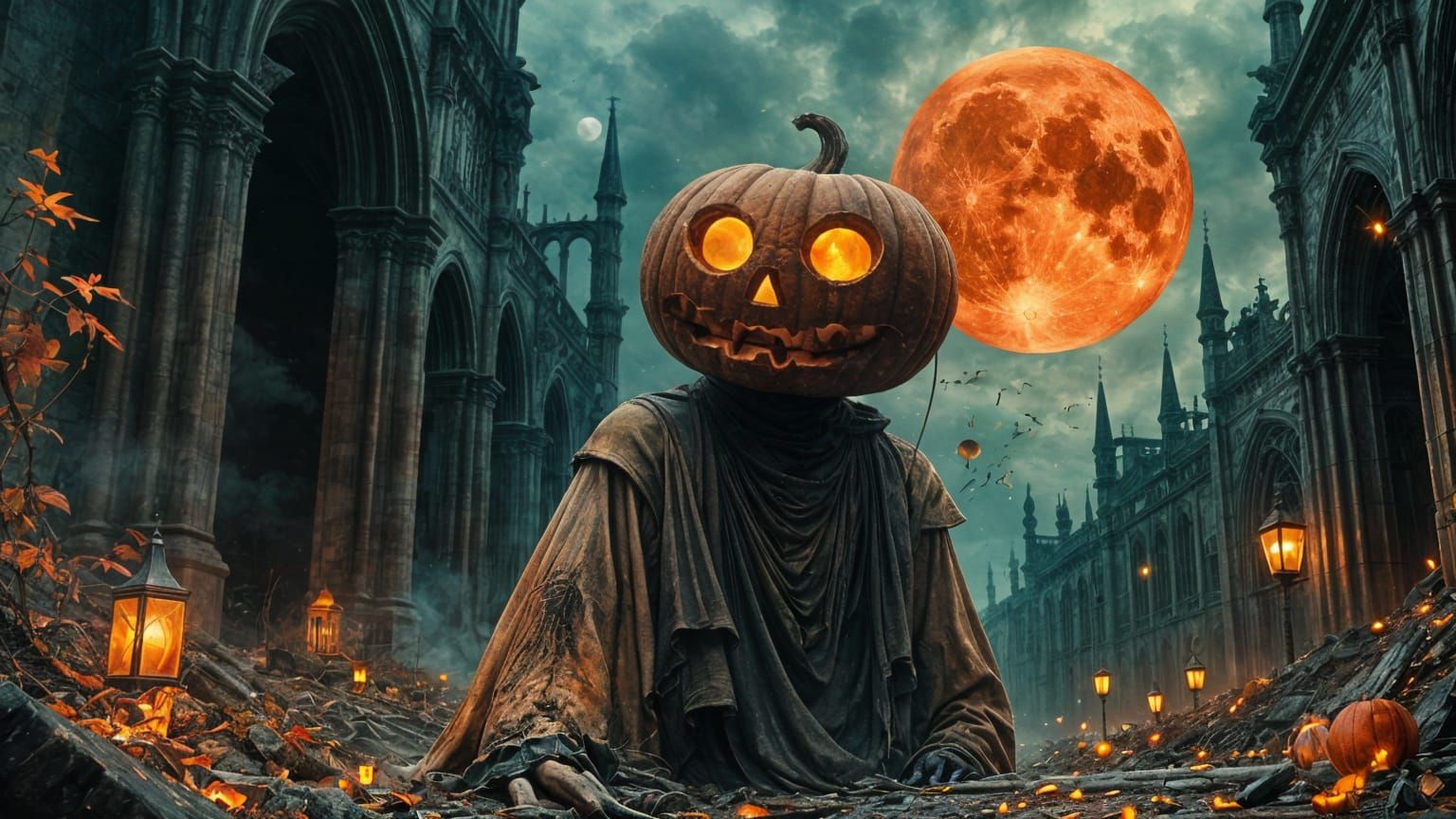 Gothic Cathedral Ruins with Phantom Scarecrow Under Harvest ...