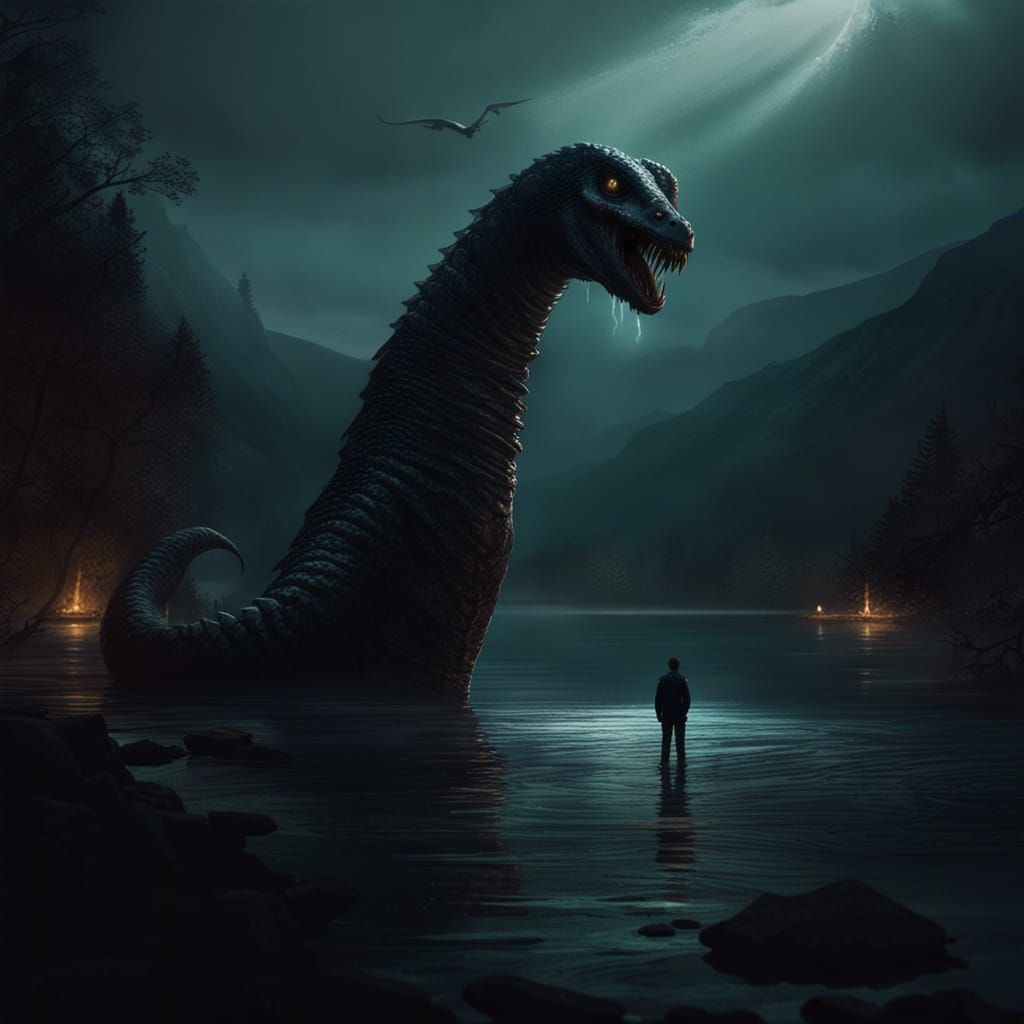 Sinister Loch Ness Monster in Dark Fantasy Style