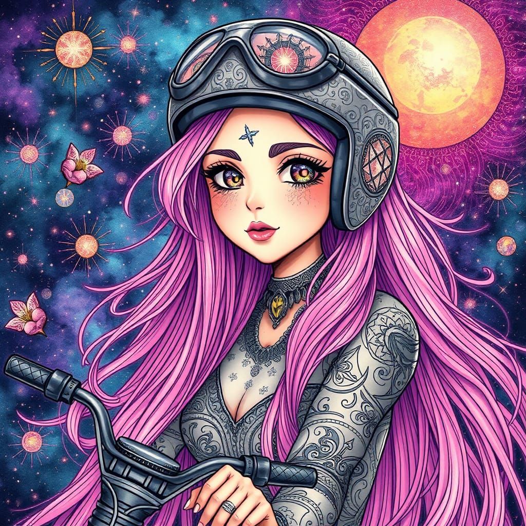Whimsical Biker Girl in Holographic Astral Style