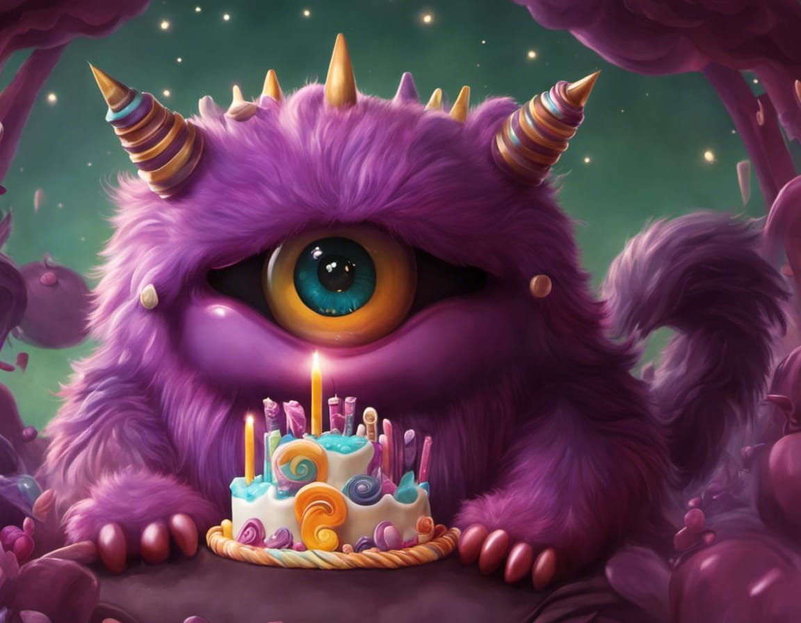 Cute Purple Monsters Celebrate Birthday in Candy Land