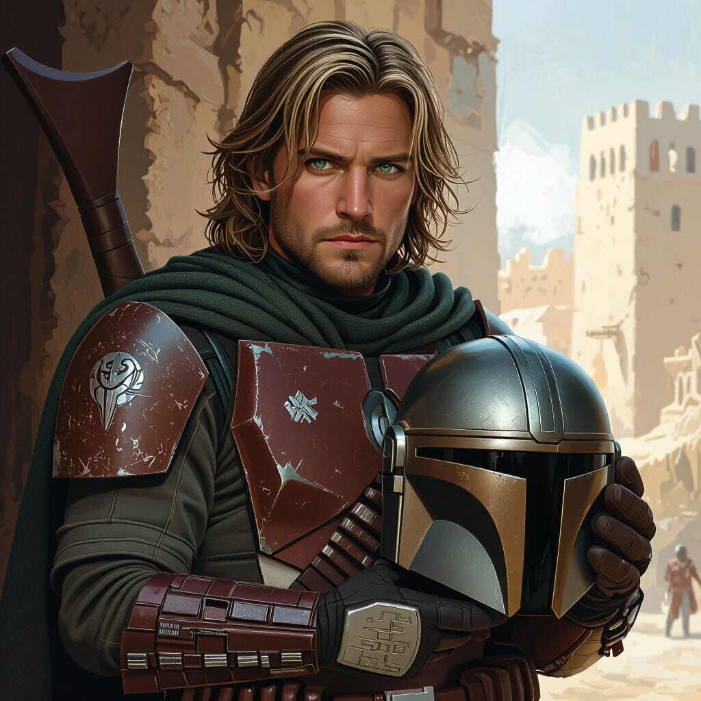 Mandalorian Warrior with Helmet in Fantasy Art Style