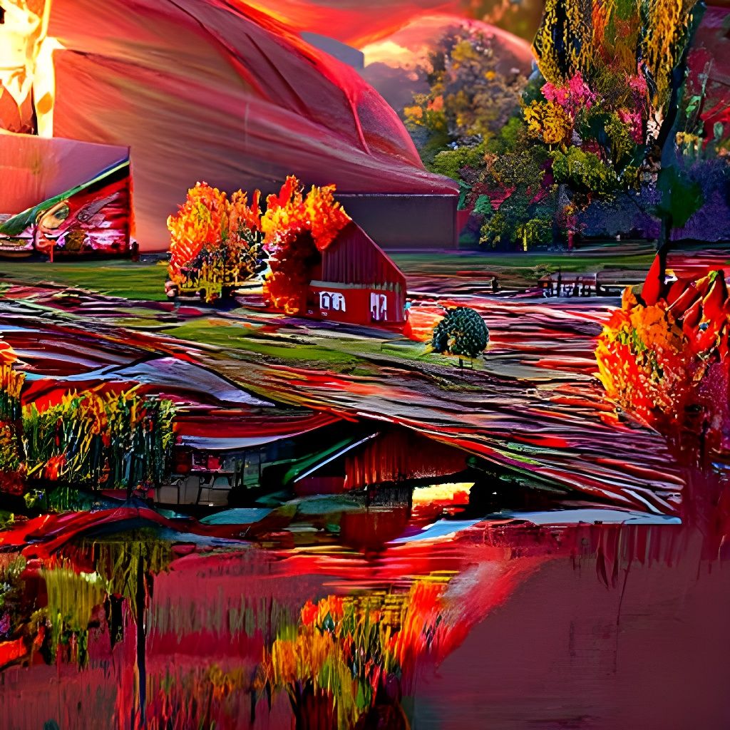 Hyperdetailed Red Barns at Sunset in Autumn