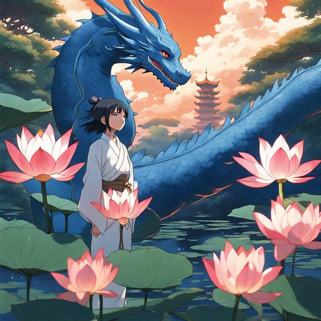 Blue and White Dragon with Lotus Flowers, Anime Style