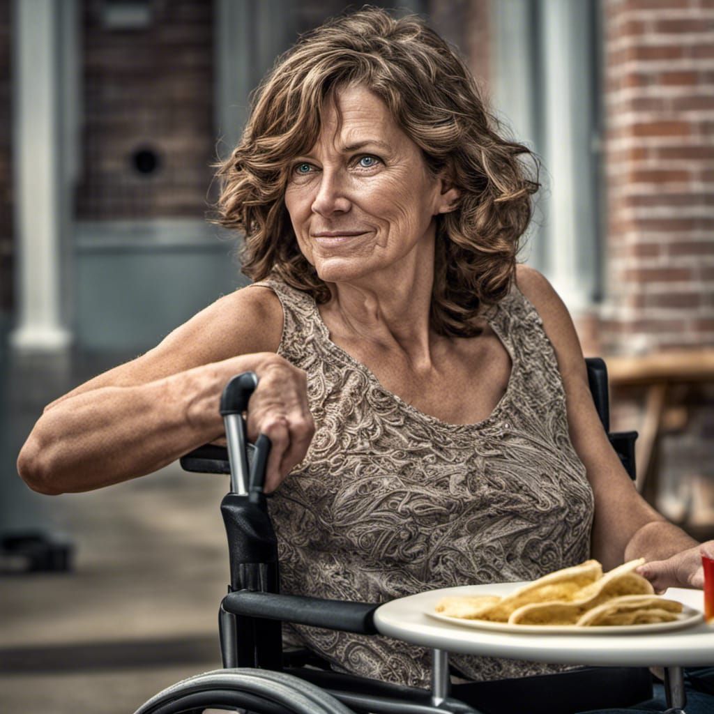 Hyperrealistic Woman in Wheelchair Eating Taco