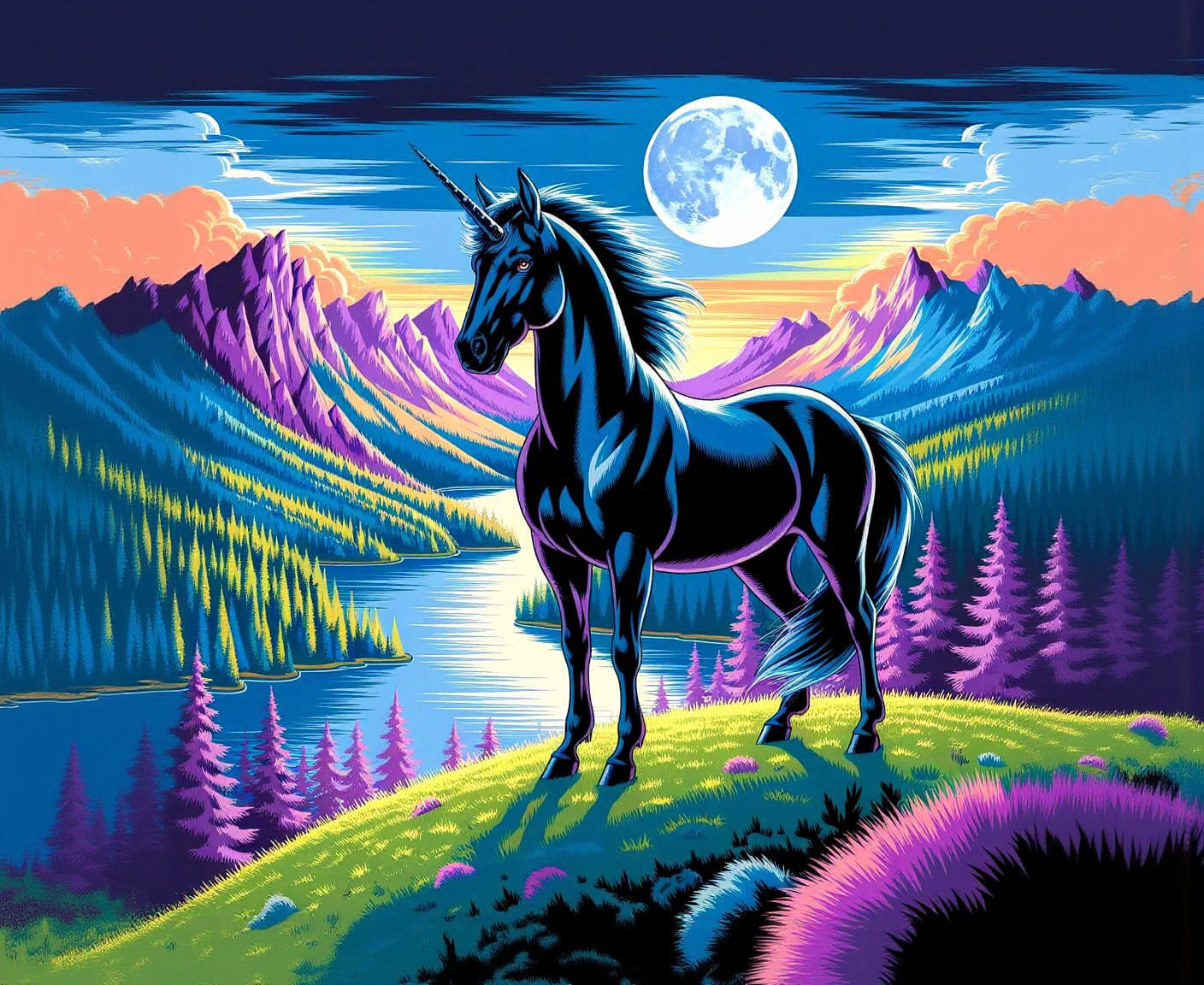 Majestic Black Unicorn Under Moonlight, Fantasy Art