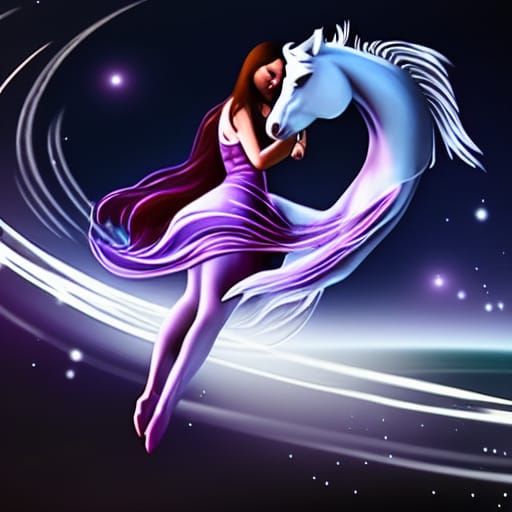 Elegant Woman on Pegasus in Space, Pre-Raphaelite Art