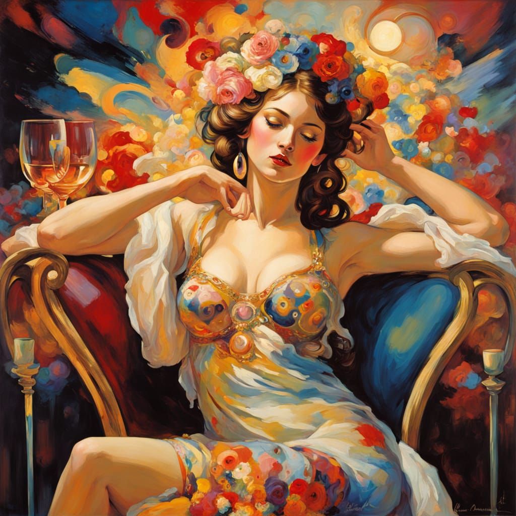 Stunning Aphrodite in Whimsical Boudoir Scene, a Vibrant Roc...