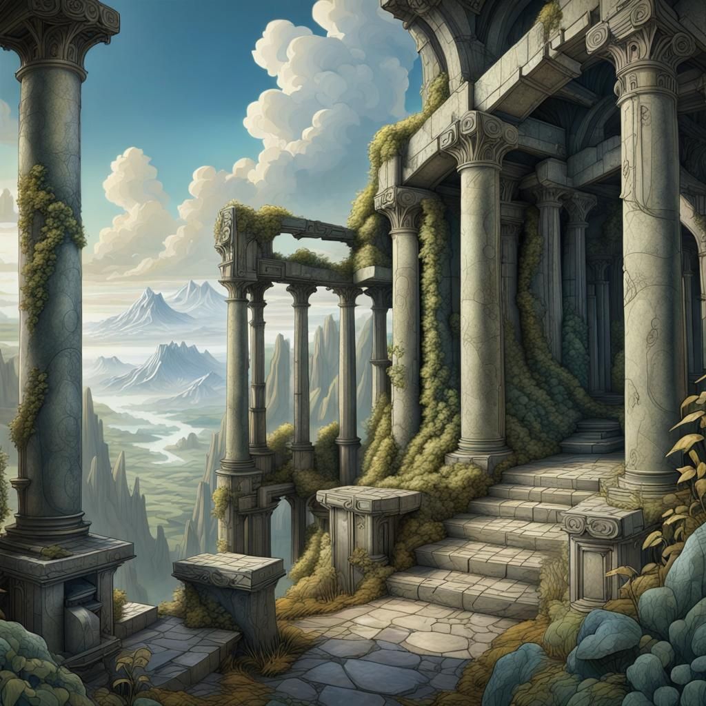 Fantastical Ruins Landscape with Mountains