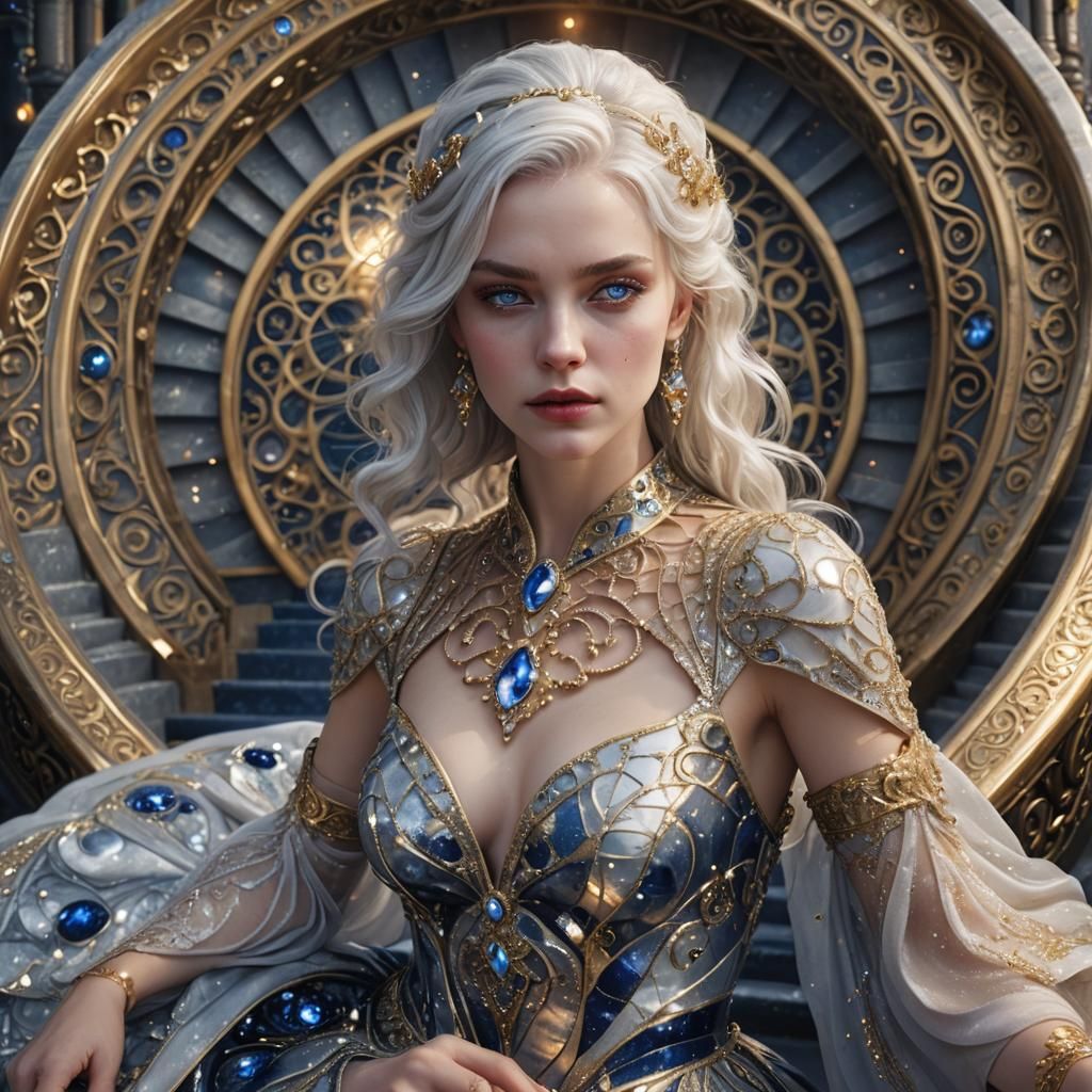 Silver-Haired Beauty Descends Marble Stairs