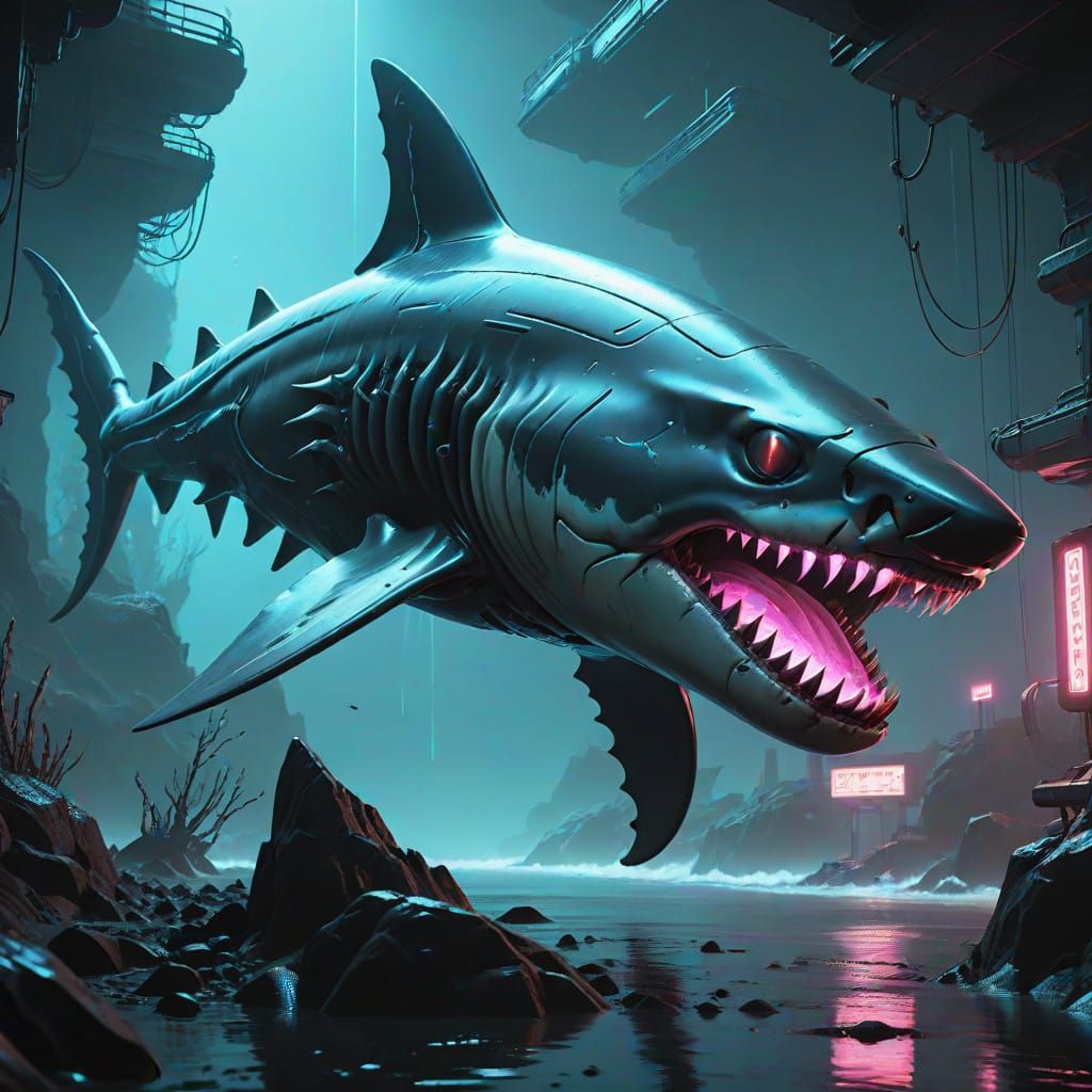 Glowing Alien Shark-Creature in Neon Armor