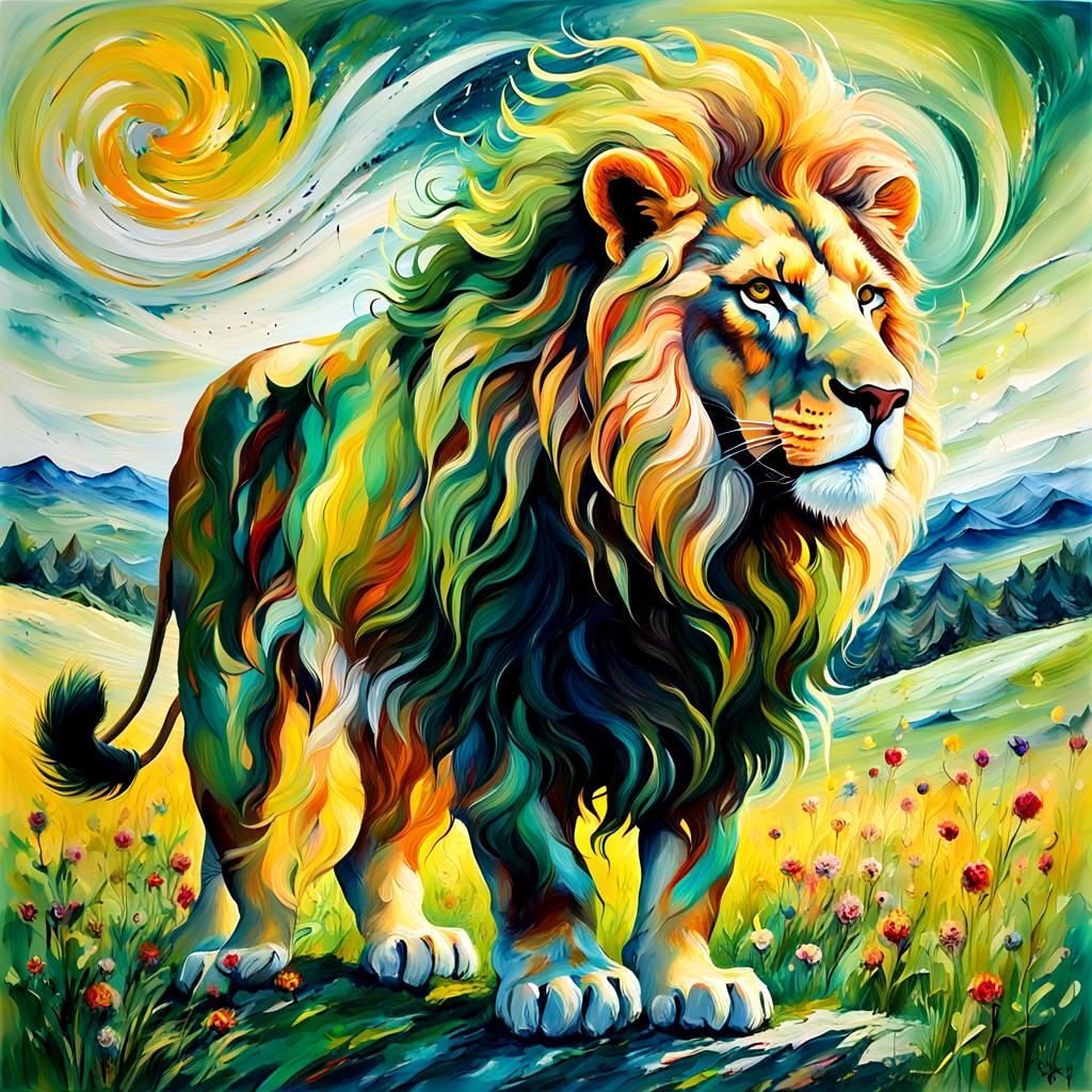 Lion in Summer Meadow: Impressionist Painting