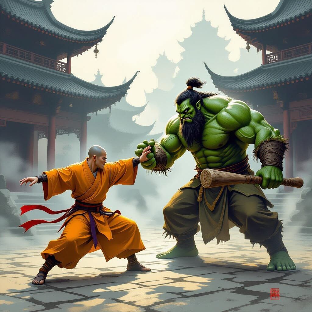 Shaolin Monk Battles Troll in Misty Temple Courtyard