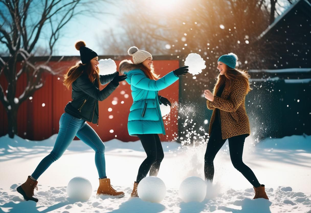 Hyperrealistic Women's Snowball Fight in Analog Photo