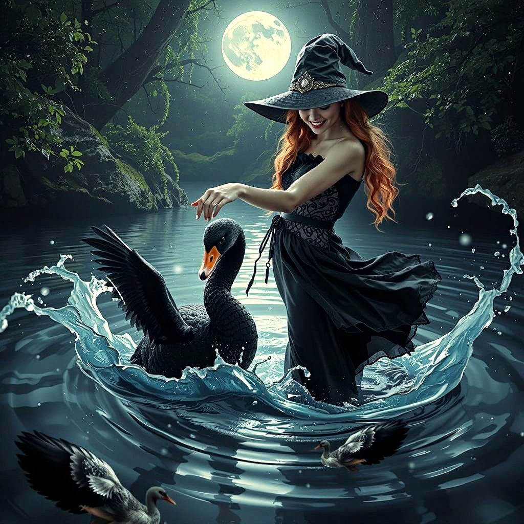 River Witch Summons Black Swan: Fantasy Art