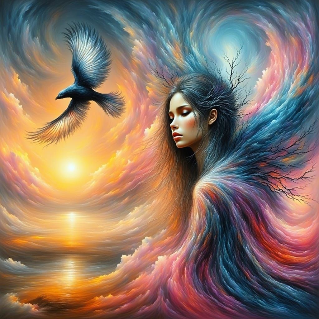 Nile Sunrise with Sunbeam: Mystical Abstract Digital Art