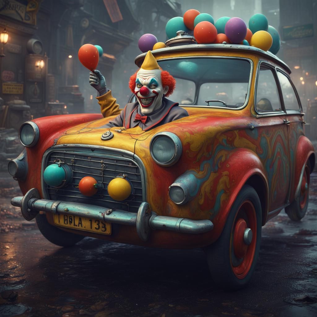Clown Driving Reliant Robin Car in Detailed Matte Painting