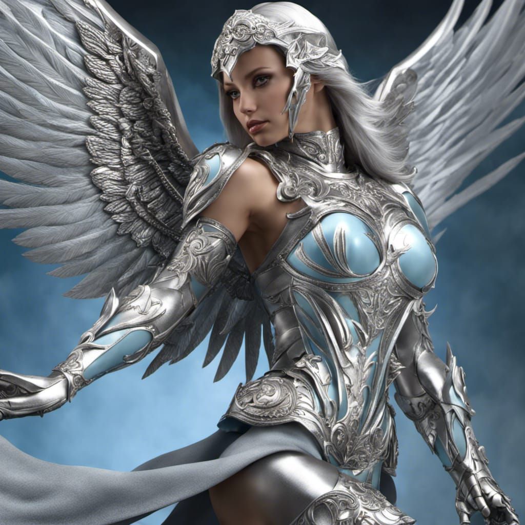 Beautiful Angel Warrior in Silver Armor