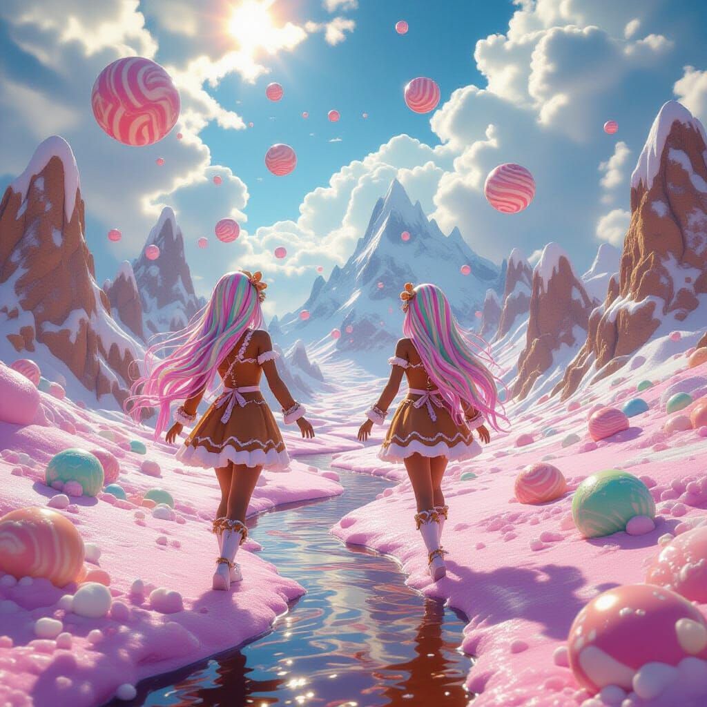 Gingerbread Women in Surreal Candy Landscape