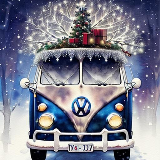 Hippie Christmas: Volkswagen Van in Watercolor