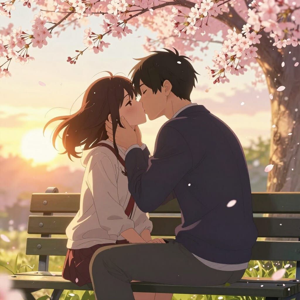 Couple Kissing Under Cherry Blossoms in Anime Style