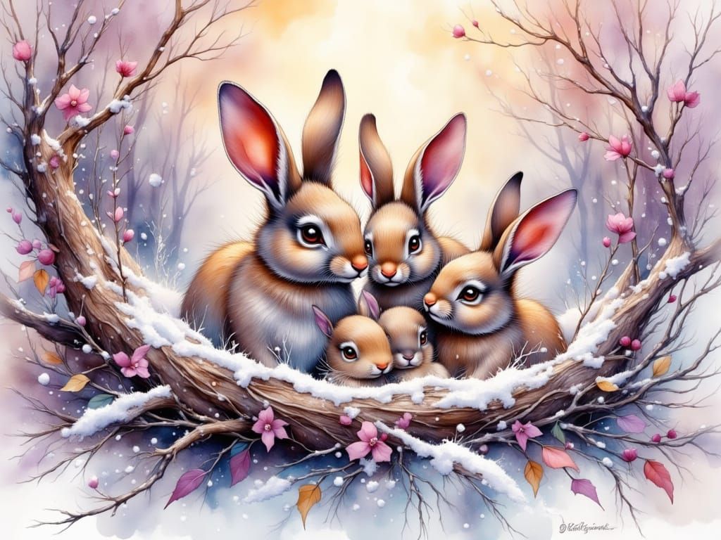 Punk Bunny Family in Watercolor Ink Wash Style