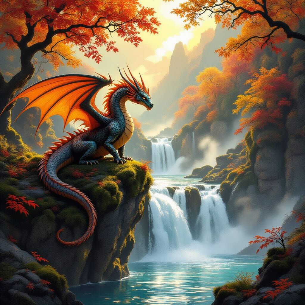 Majestic Autumn Dragon Overlooking Waterfall in High Fantasy...