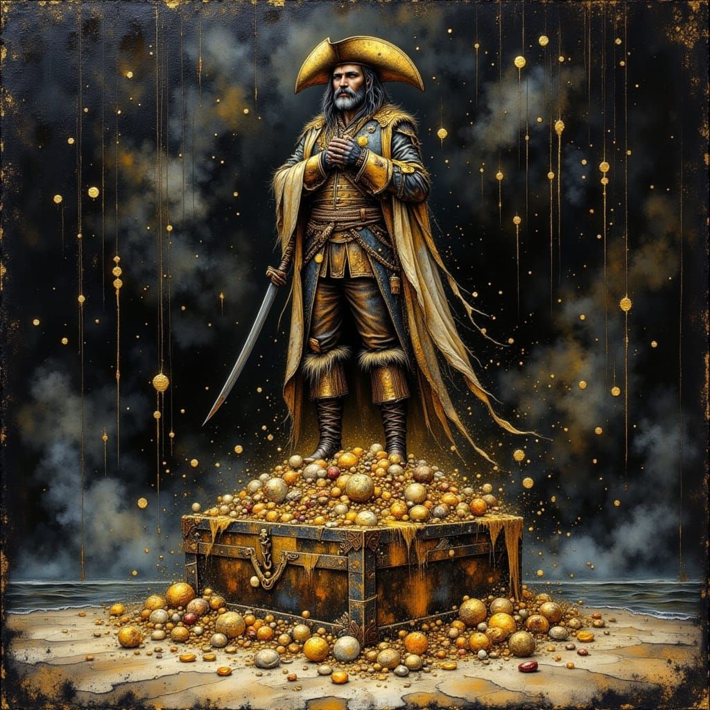 Pirate Unearths Overflowing Treasure Chest on Beach