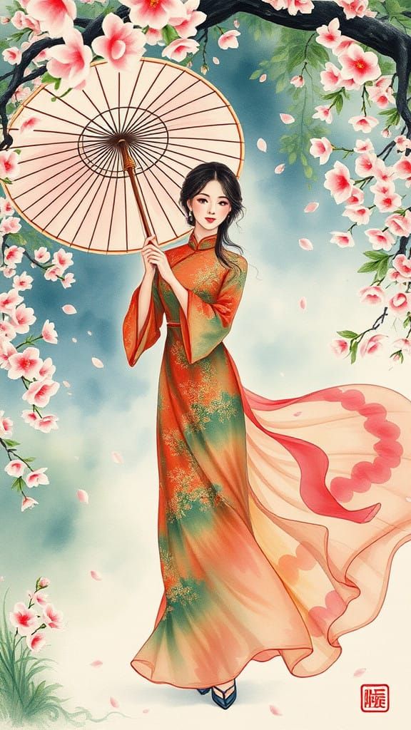 Ethereal Spring Goddess in Chinese Watercolor Style