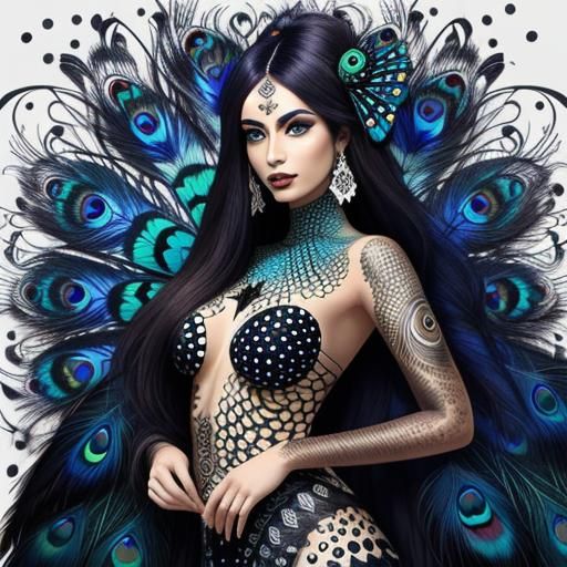 Butterfly Woman with Peacock Feathers in Abstract Art
