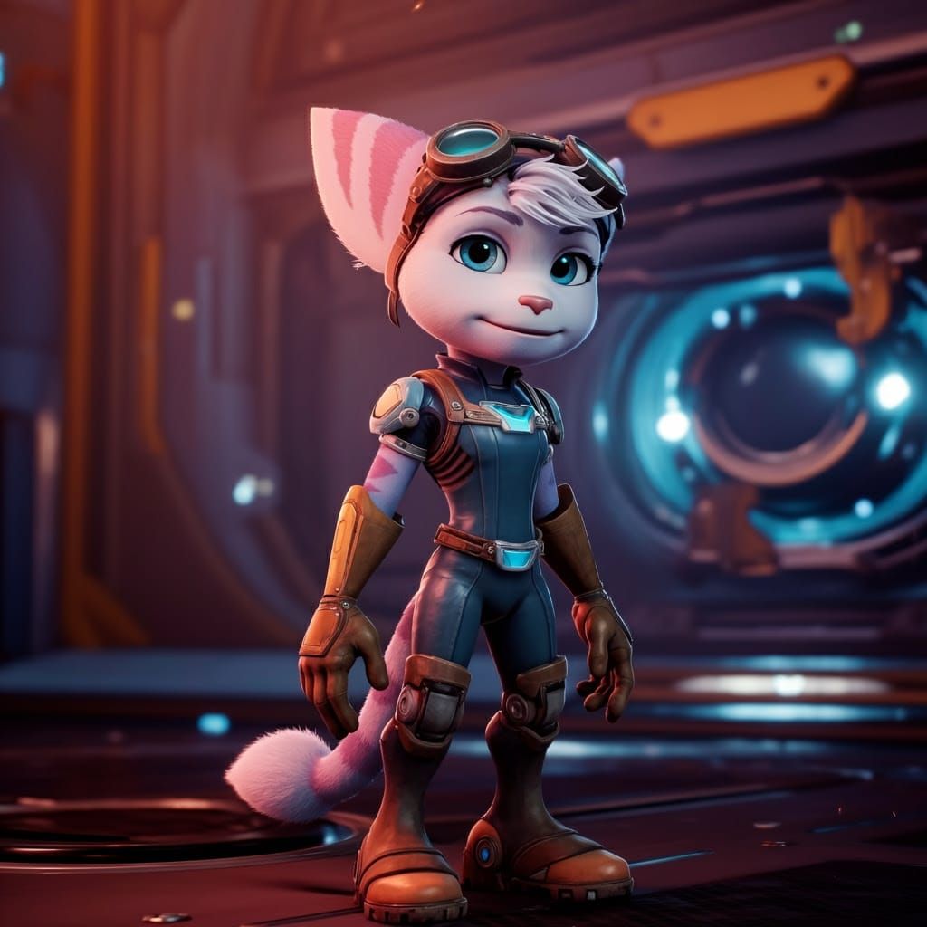 Rivet, Female Lombax Hero, in Futuristic, High-Contrast Envi...