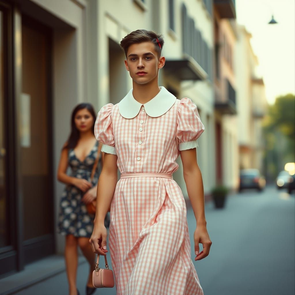 Confident Man Embracing His Feminine Side in Elegant Gingham...