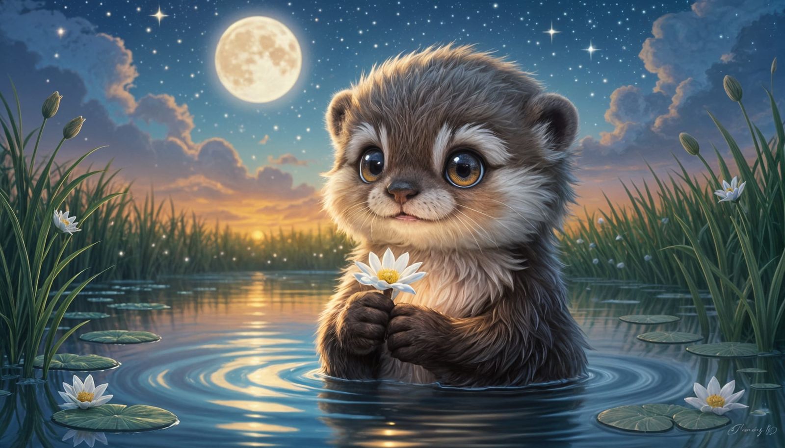 Cute Fluffy Otter Creature in Moonlit Pond