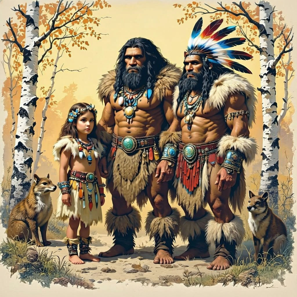 Neanderthal Family Portrait in Heroic Pastel Art