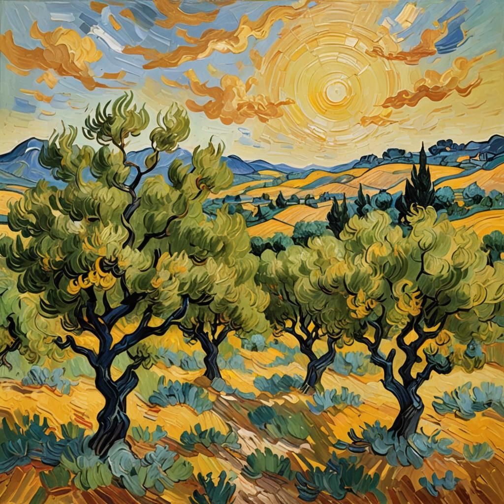Olive Trees Under Yellow Sky: Impressionist Oil Painting