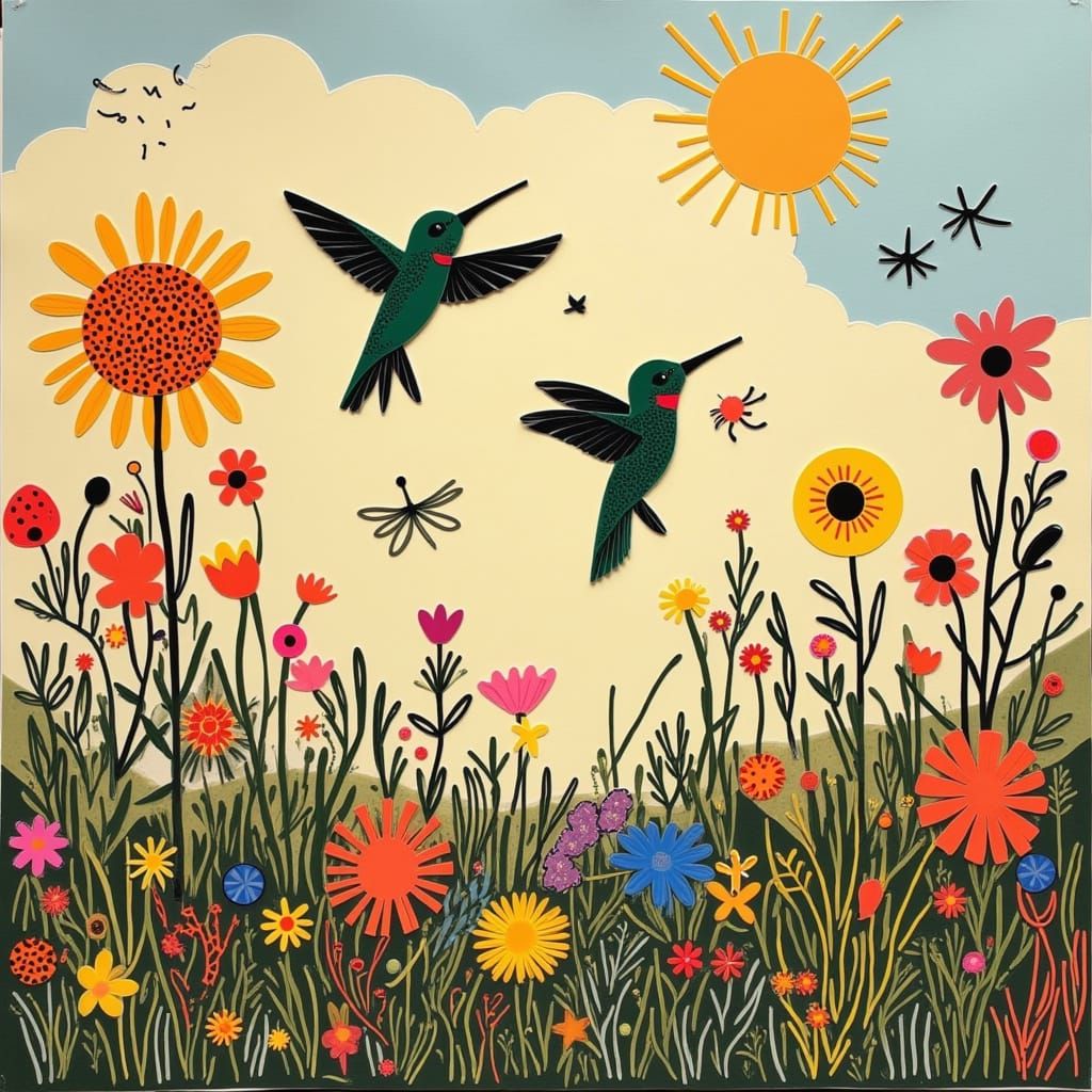 Hummingbirds, Butterflies, and Dragonflies in a Meadow