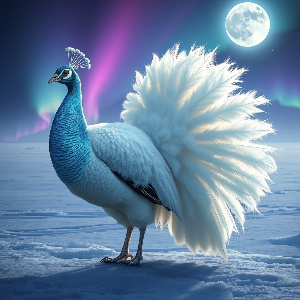 Regal Peacock Transformed into Snowy Bear on Arctic Tundra