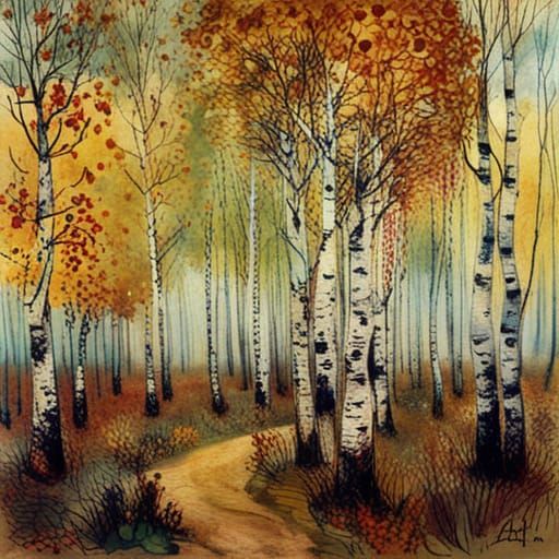 Autumn Birches in Illustrative Watercolor Style