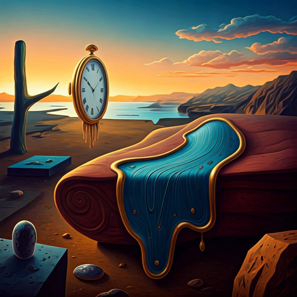 Surreal Melting Objects in Dreamlike Landscape