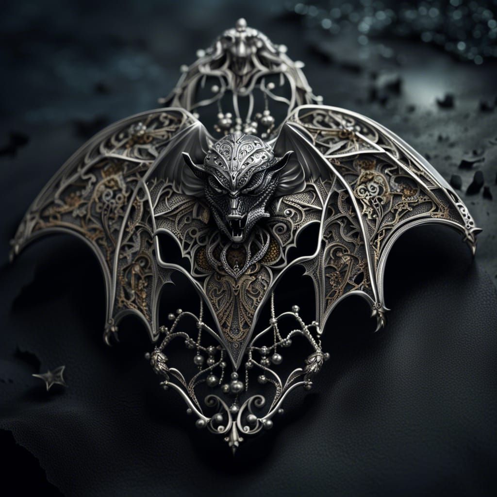 Silver Bat Brooch with Filigree Wings