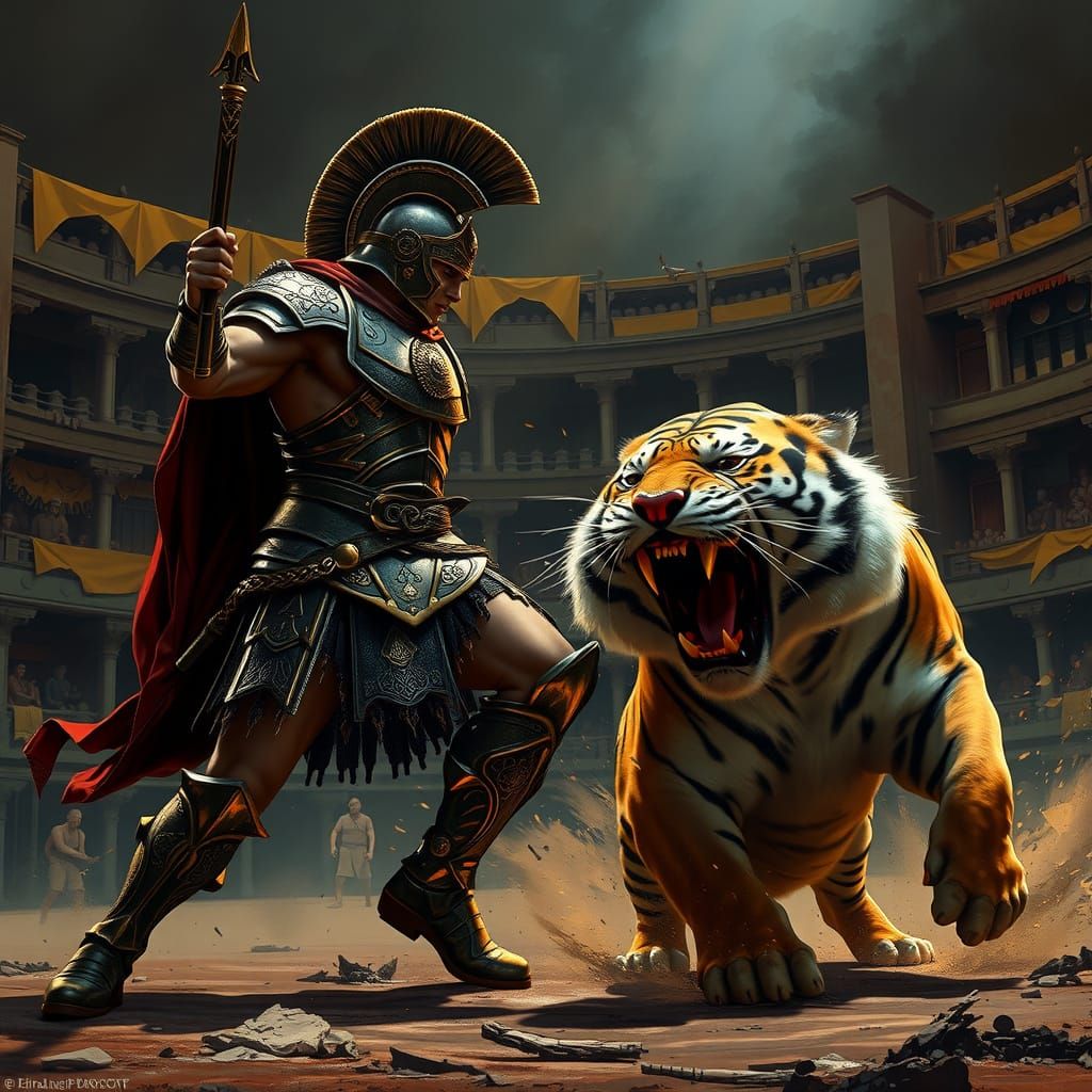 Gladiator Battles Tiger in Dark Fantasy Arena