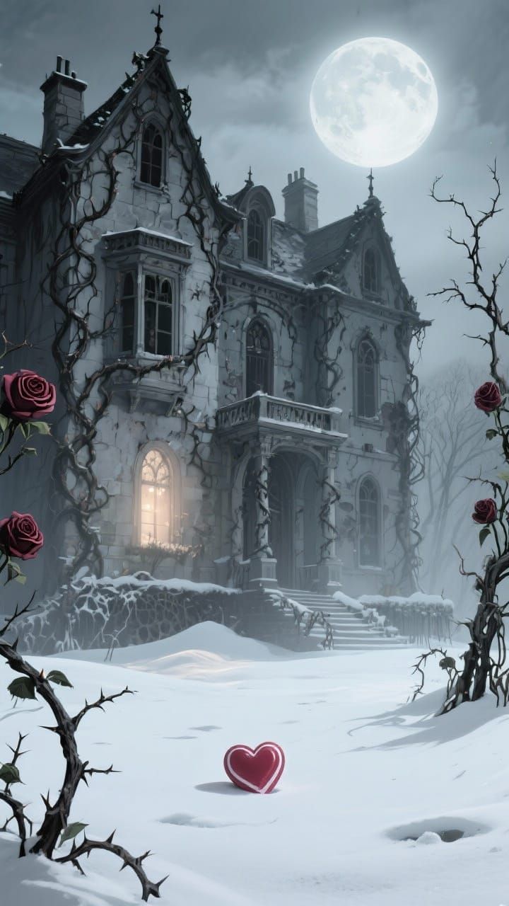 Gothic Mansion Under Full Moon with Roses and Candy