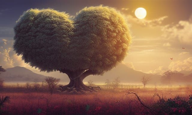 Epic Heart Tree at Sunset: A Digital Painting