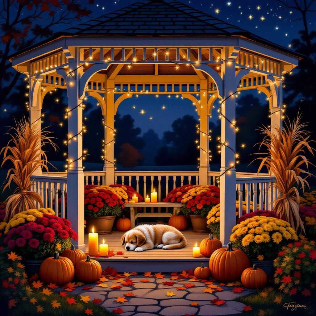 Autumn Gazebo at Night With Sleeping Puppy