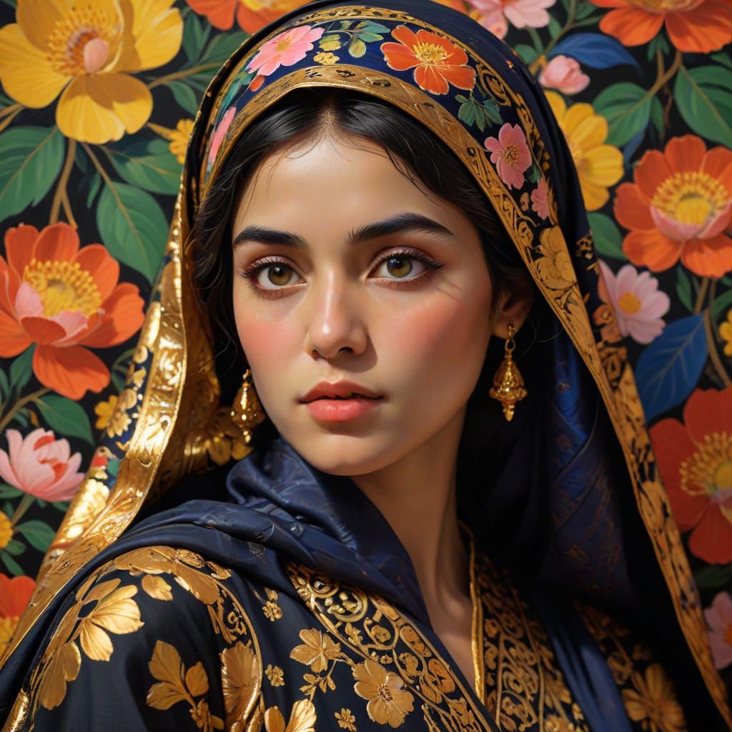 Afghan Woman Portrait with Matisse and Klimt Influences