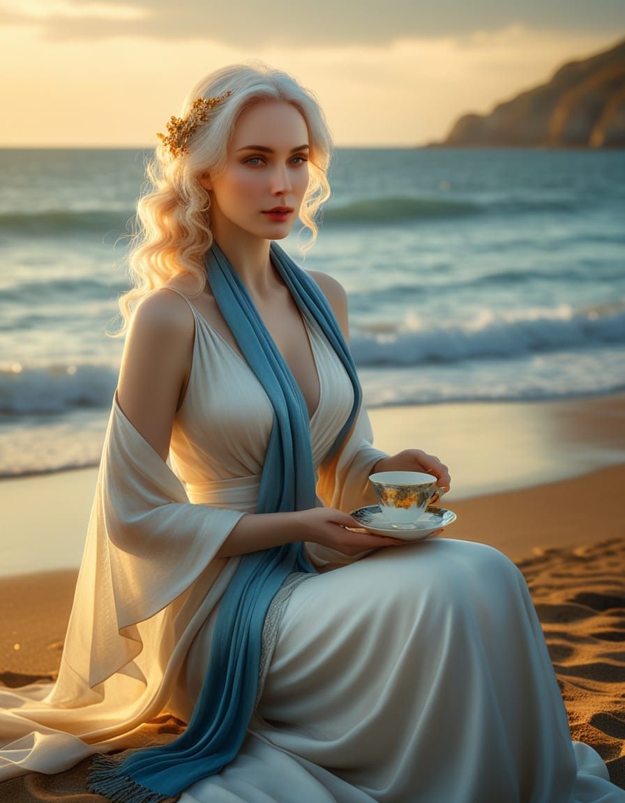 Elegant Woman on Beach in Pre-Raphaelite Style