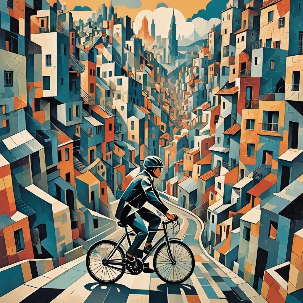 Boy on Bicycle in Cubist Cityscape