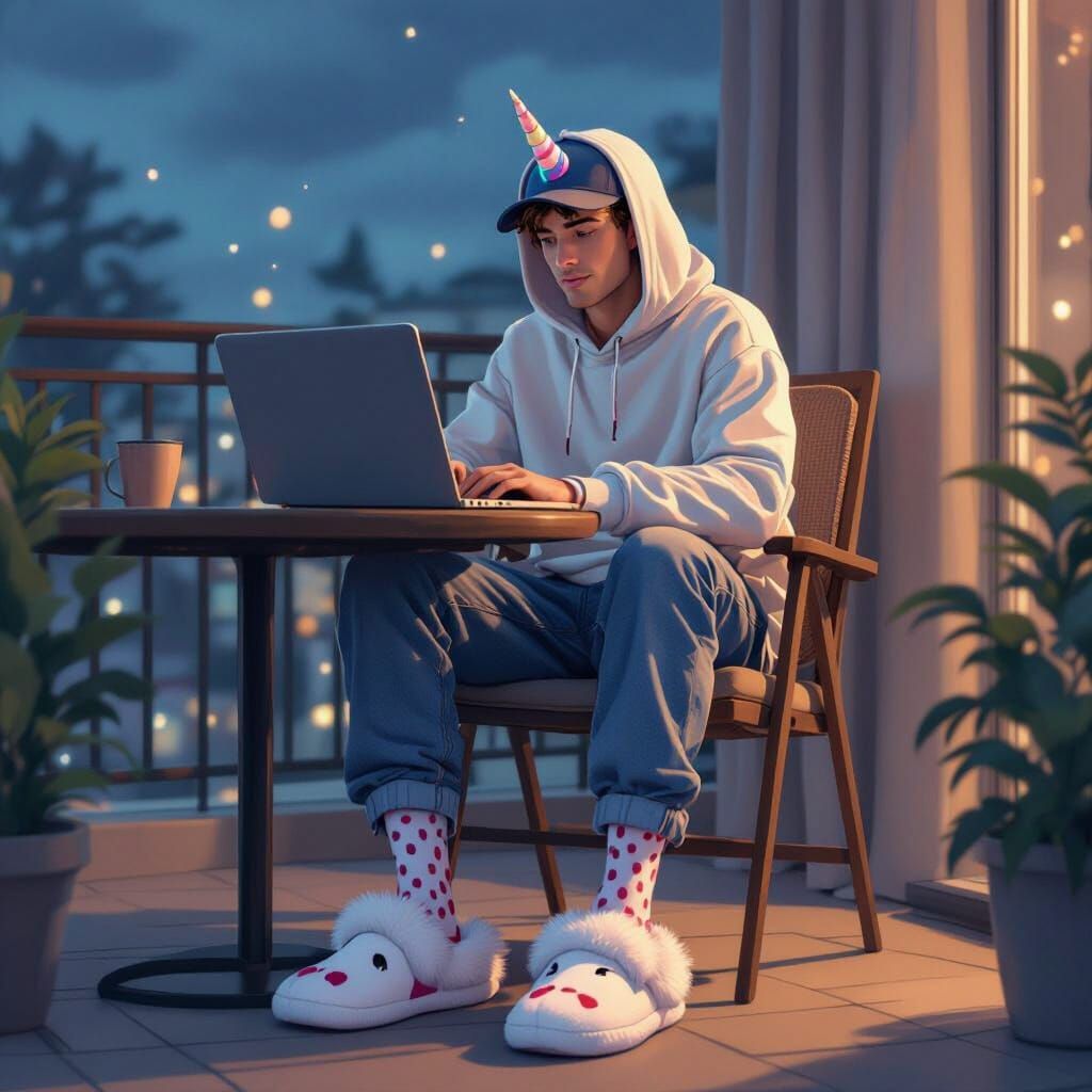 Young Man on Balcony in Digital Painting Style