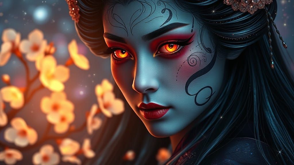 Enigmatic Geisha Amidst Celestial Beauty